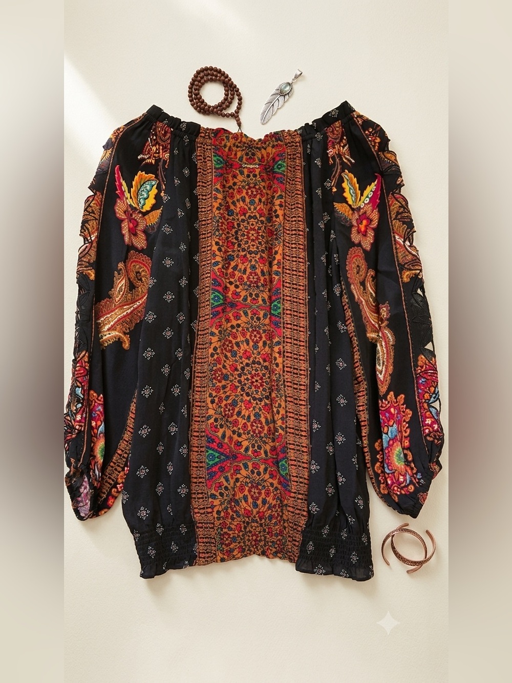 Desigual Boho Off Shoulder Paisley Floral Blouse Cutout Sleeve Peasant Top Small